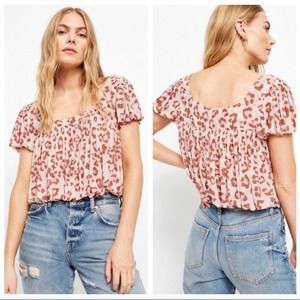 Free People Meg’s Blouse Leopard Print Cropped Bubble Hem Top Shirt